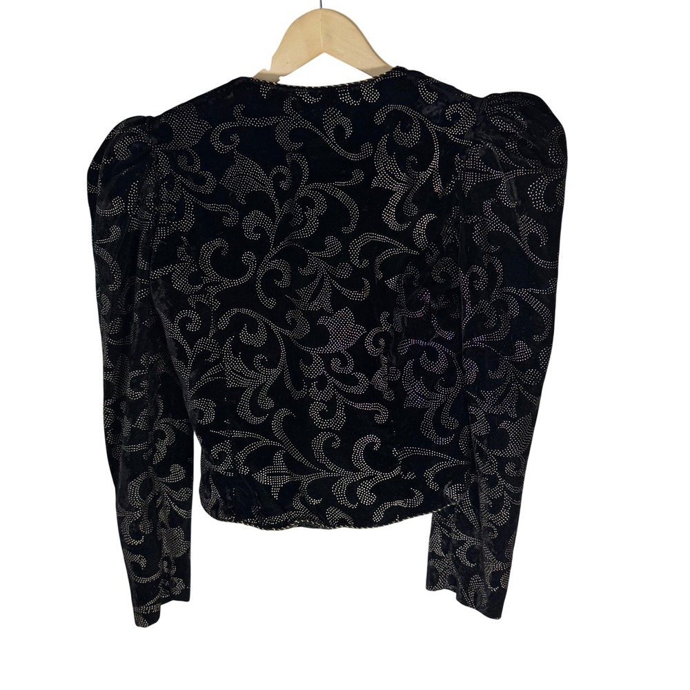 Vintage Cachet Bari Protas Black Velvet Bead Puff Sleeve Bolero Jacket 80s Sz S - Picture 2 of 6